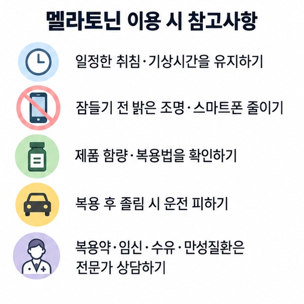멜라토닌 사용 전 일정한 수면시간, 취침 전 빛 줄이기, 제품 함량 확인, 졸림과 약물 상호작용을 주의하는 이미지
