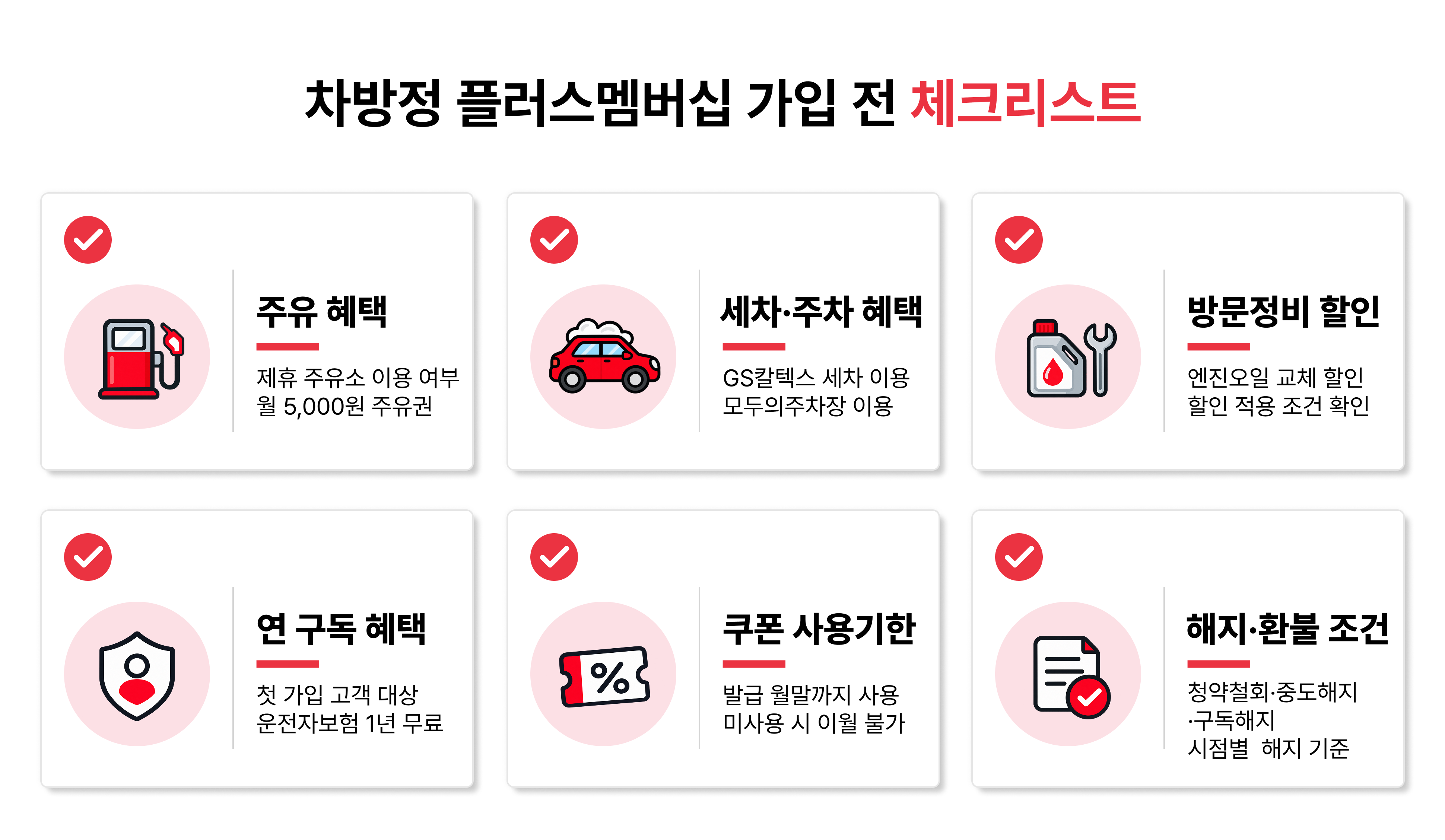 차방정 플러스 멤버십 가입 전 확인할 6가지 항목: 주유 혜택, 세차&middot;주차 이용처, 방문정비 할인, 연 구독 혜택, 쿠폰 사용기한, 해지&middot;환불 조건