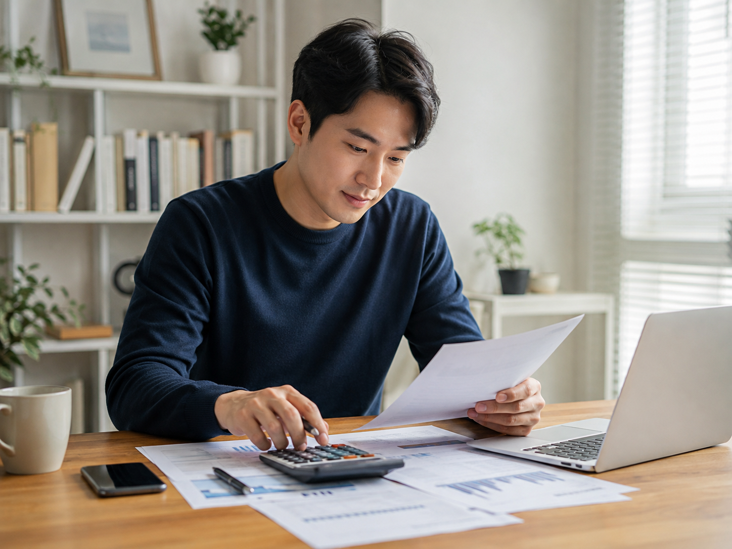 집중해서 계산하는 홈오피스 남성