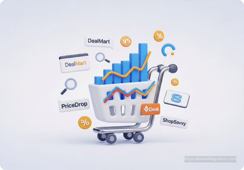 여러 쇼핑몰의 가격을 비교하는 스마트 쇼핑 카트 3D 아이콘