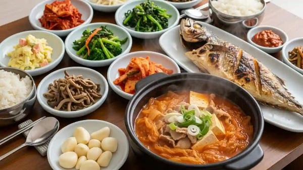 밥상에 김치찌개, 생선구이, 나물반찬과 생마늘도 놓여 있는 모습