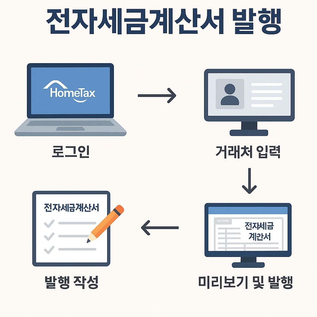 국세청 홈택스를 이용해 전자세금계산서를 발행하는 절차를 단계별로 정리한 인포그래픽 – 로그인, 작성, 거래처 입력, 미리보기, 발행까지 한눈에 볼 수 있게 구성됨