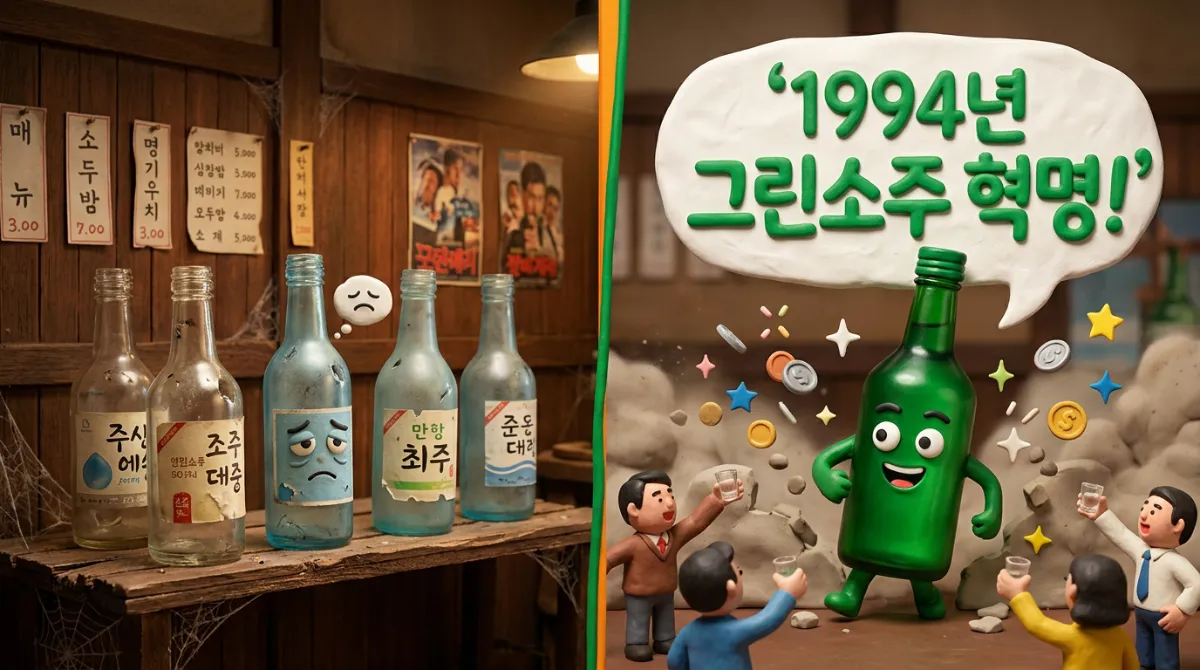 1994년 그린소주 출시를 표현한 클레이 애니메이션 장면. 왼쪽에는 슬픈 표정의 투명하고 하늘색을 띤 옛날 소주병들이 있고, 오른쪽에는 활기찬 초록색 소주병이 '1994년 그린소주 혁명!'이라는 말풍선과 함께 등장하는 모습