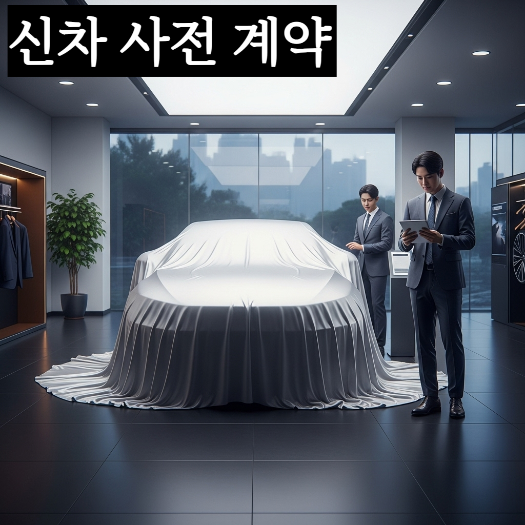 현대적인 자동차 전시장의 세련된 조명 아래 베일에 싸인 신차의 실루엣과 그 옆에서 기대감 섞인 표정으로 태블릿 PC를 통해 계약 조건을 검토하는 한국인 남성