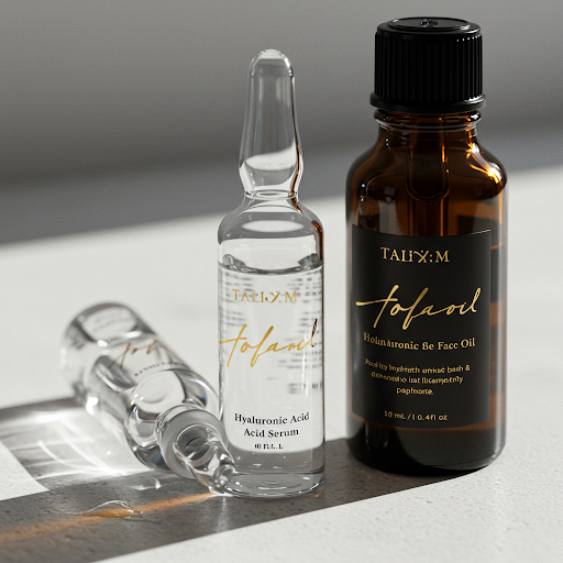 건조한 피부에 집중적인 수분을 공급하고 유수분 밸런스를 맞춰주는 히알루론산 제품과 페이스 오일 이미지.