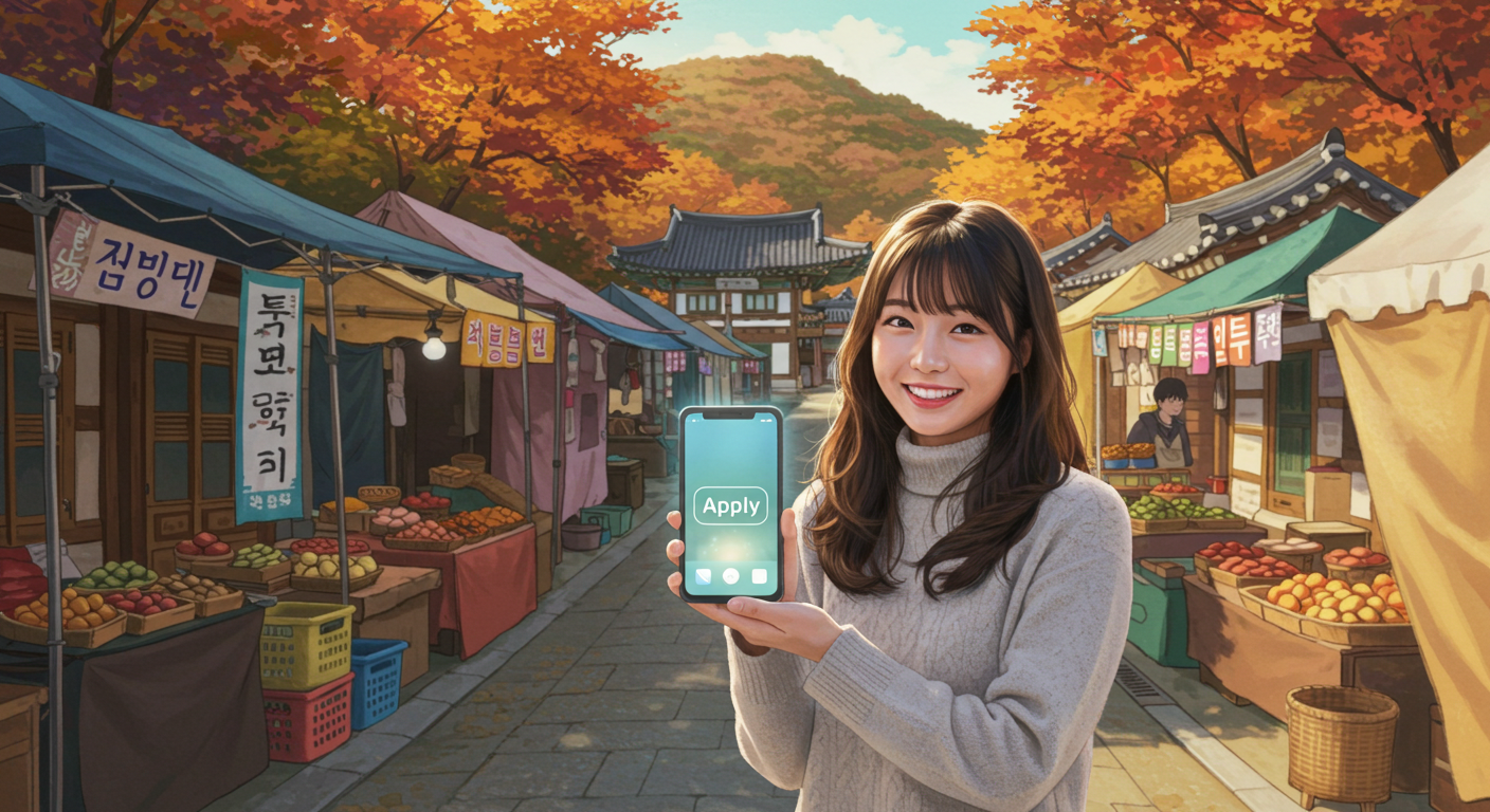 전통시장 노점 앞에서 스마트폰 앱을 확인하는 여성