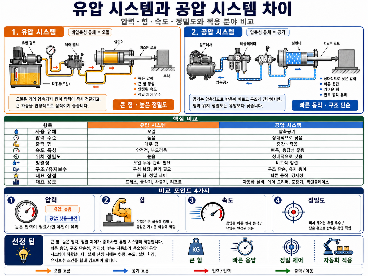 유압 시스템과 공압 시스템 차이｜압력&middot;힘&middot;속도&middot;정밀도와 적용 분야 비교