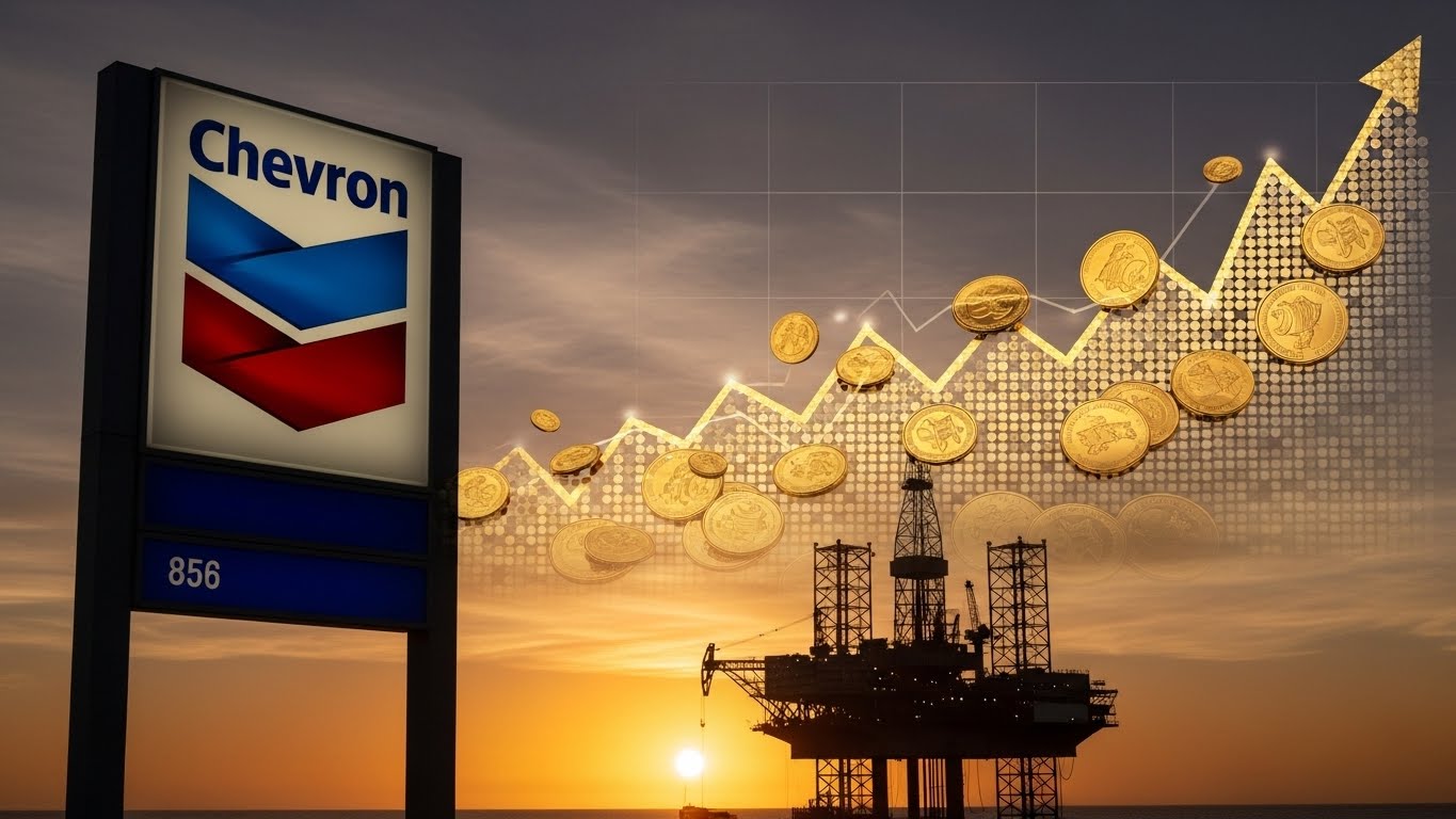 Chevron gas station sign in the foreground, with an oil rig and a rising stock chart graph made of gold coins in the background