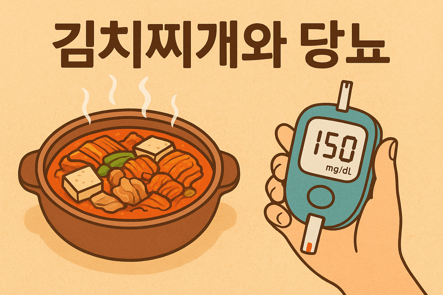 따뜻한 베이지색 배경 위에, 왼쪽에는 김치와 두부, 돼지고기가 들어간 김치찌개가 담긴 뚝배기가 김이 나며 놓여 있고, 오른쪽에는 손에 쥔 혈당 측정기가 150mg/dL을 표시하고 있는 일러스트. 상단에는 ‘김치찌개와 당뇨’라는 글씨가 적혀 있음.