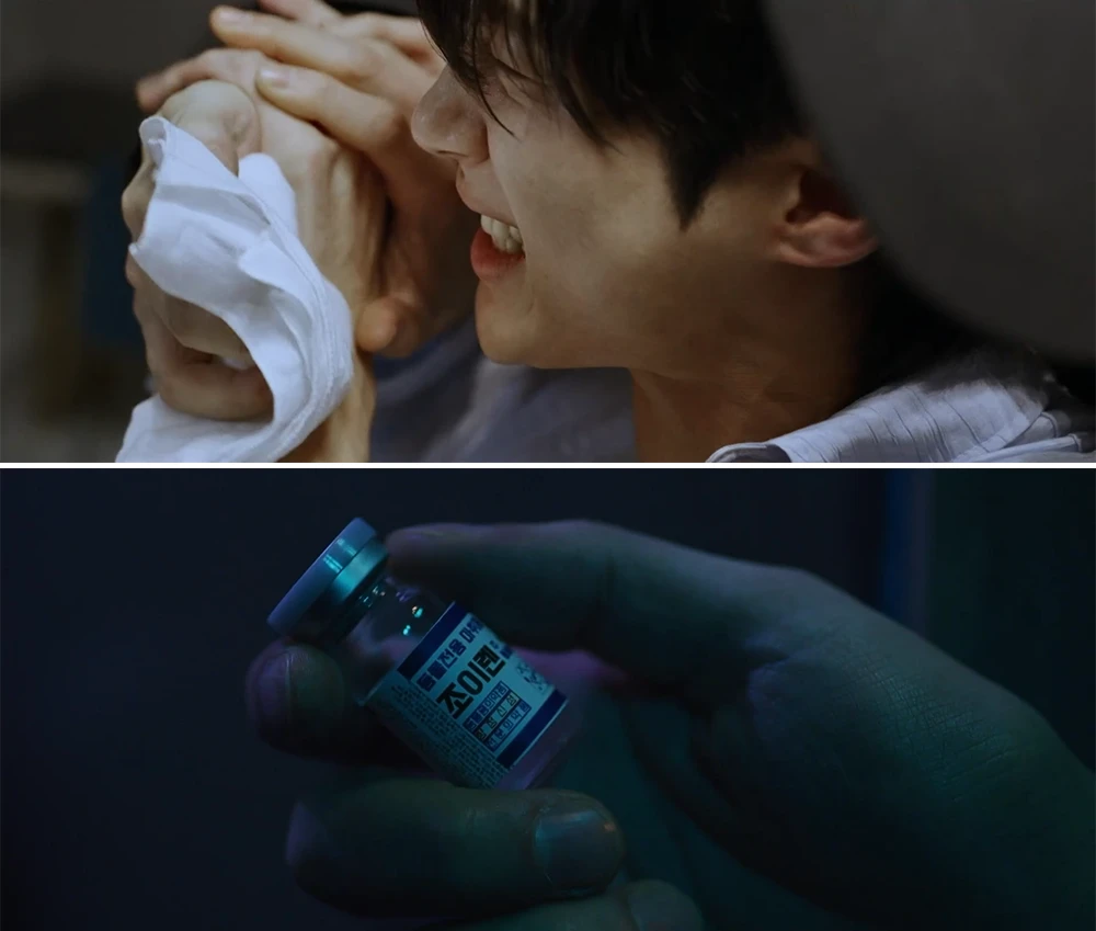 8화와-11화에서-김영수의-호텔-피습에서-마취제-묻힌-손수건에-저항하는-선재