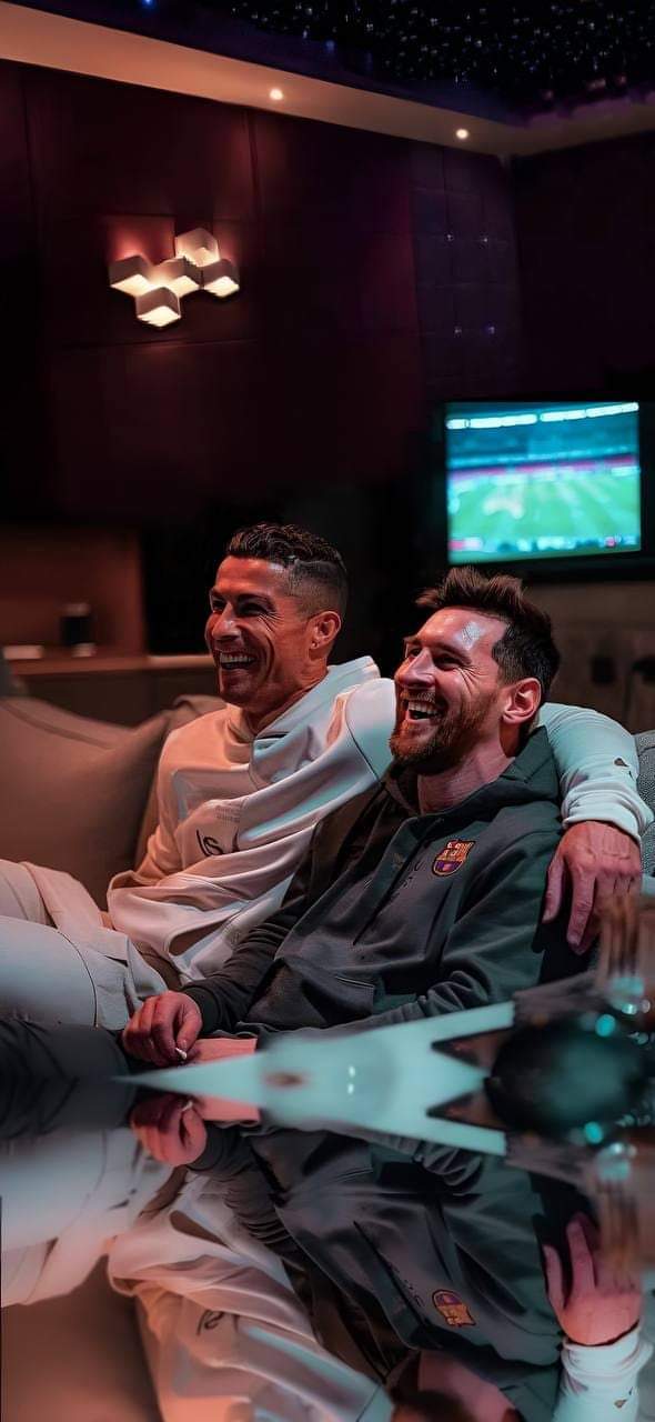 메시와 호날두가 어깨동무하고 환히 웃고있는 사진