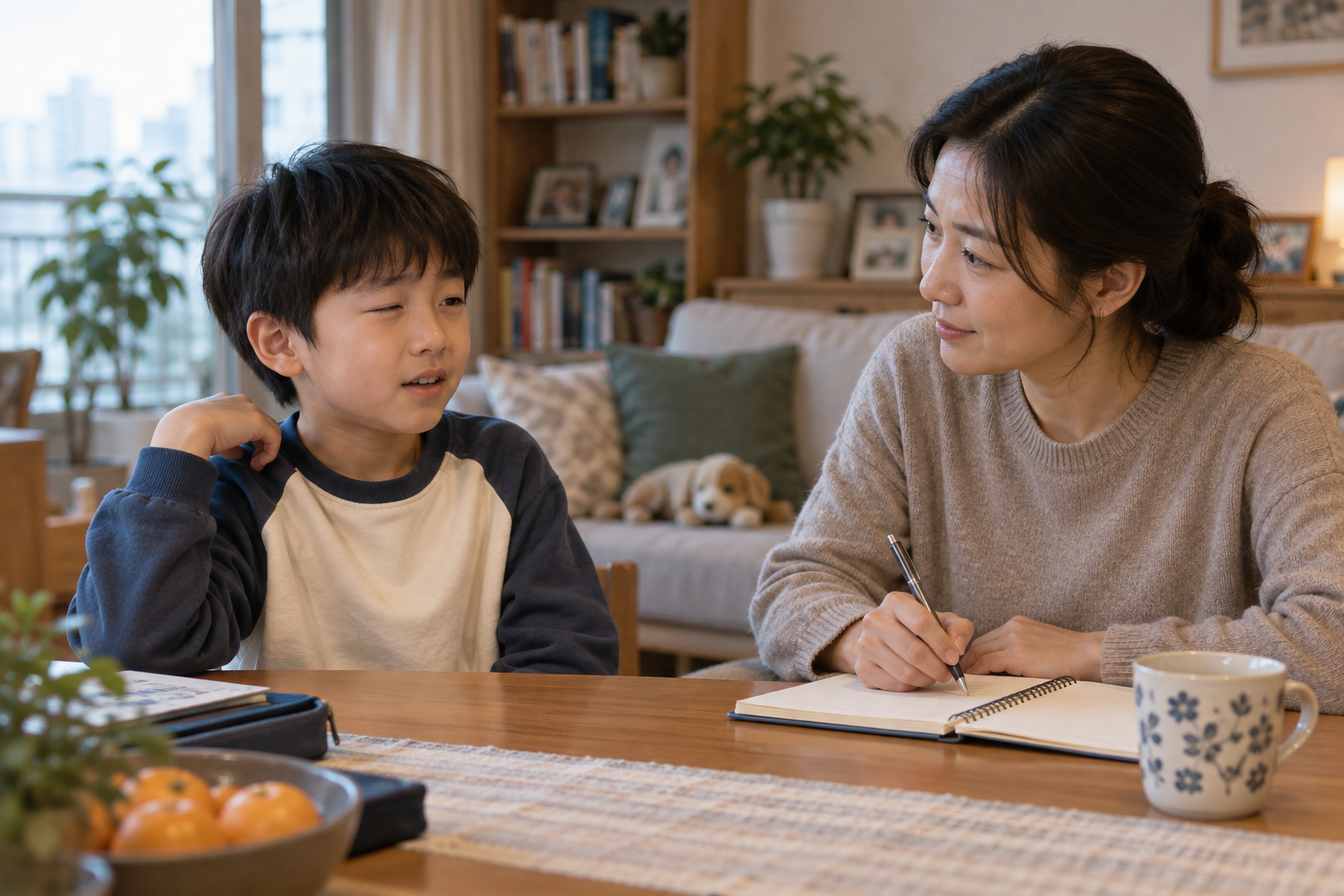 틱 증상을 보이는 아이와 차분히 대화하는 부모의 실제 생활 장면