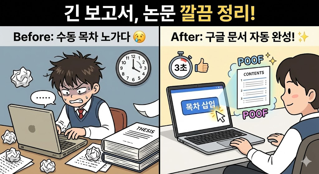 구글 문서 목차 자동 생성: 긴 보고서나 논문 깔끔하게 정리하는 법 (3초 완성)