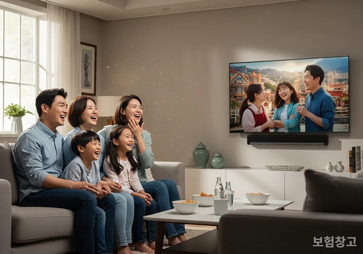 보험 처리로 수리된 깨끗한 TV를 보며 다시 웃음을 되찾은 화목한 가족의 모습