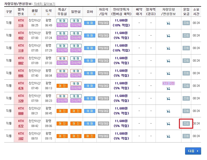 열차 시간표 및 좌석 현황 조회 목록