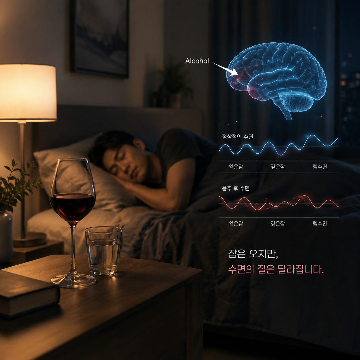 술이 수면 구조에 미치는 영향을 표현한 웰니스 스타일 대표 이미지