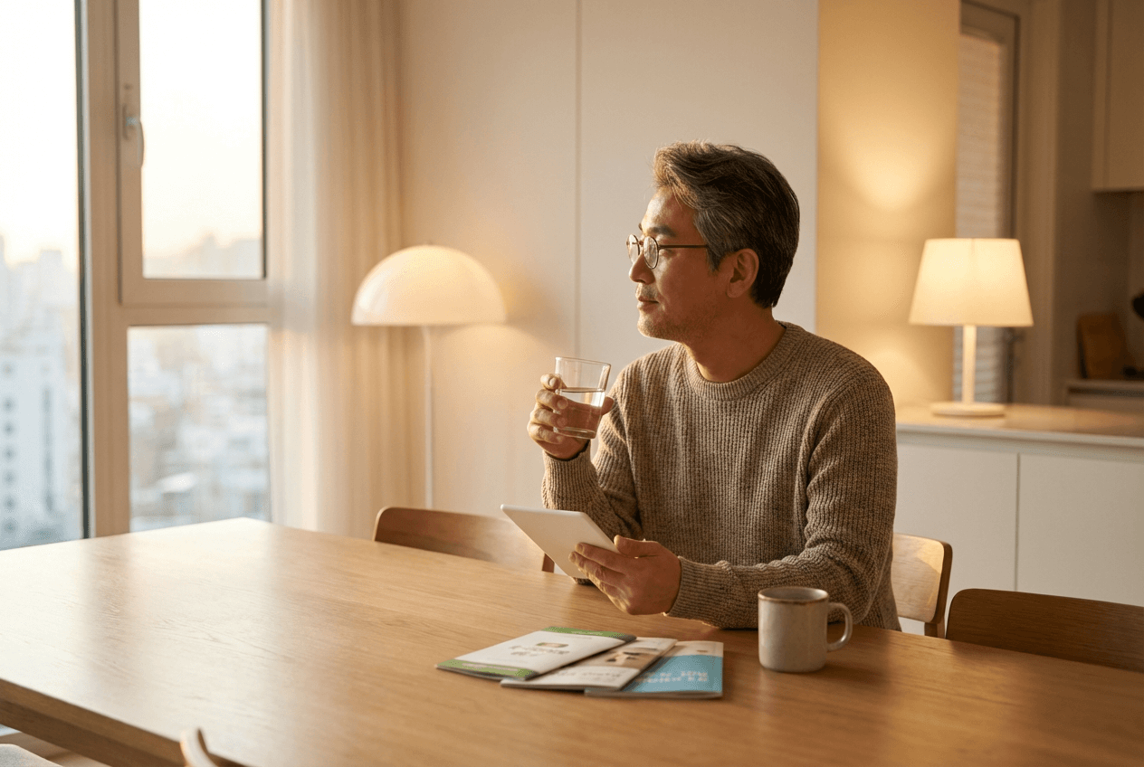 한국인 중장년 남성이 물 한 잔과 함께 폴리코사놀 영양제를 편안하게 섭취하는 장면