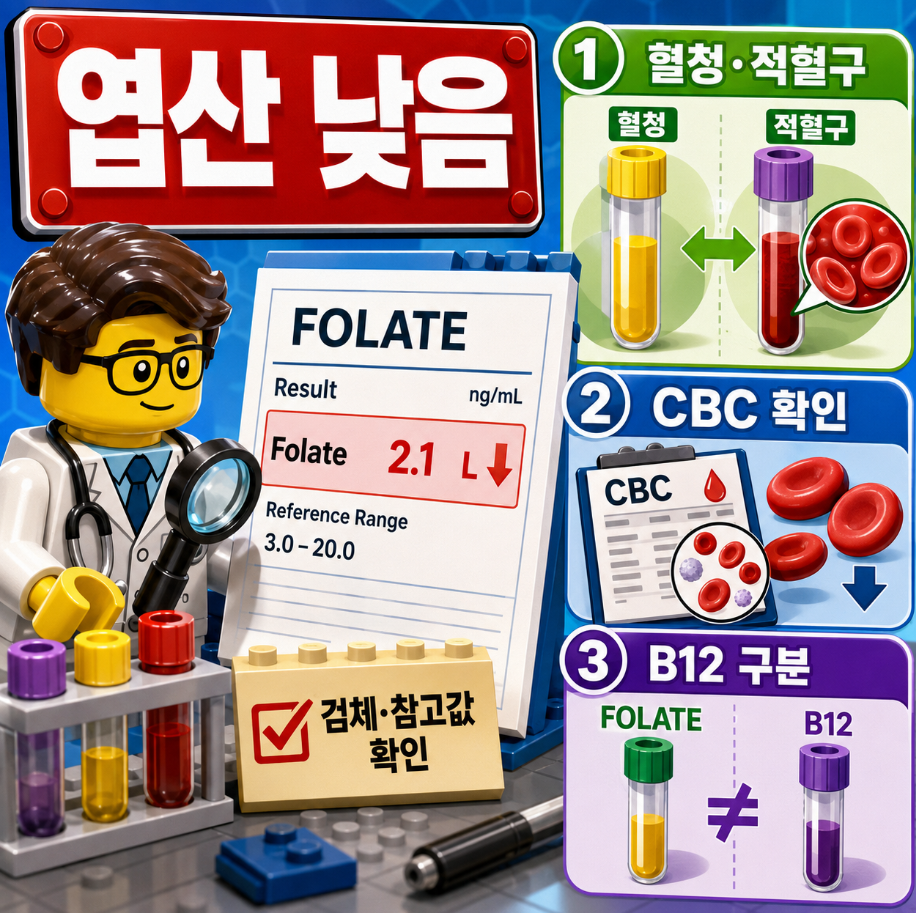 1. 엽산 수치가 낮을 때 혈청 엽산과 적혈구 엽산, CBC 및 비타민 B12 검사를 함께 확인하는 내용을 표현한 건강정보 블로그 대표 썸네일