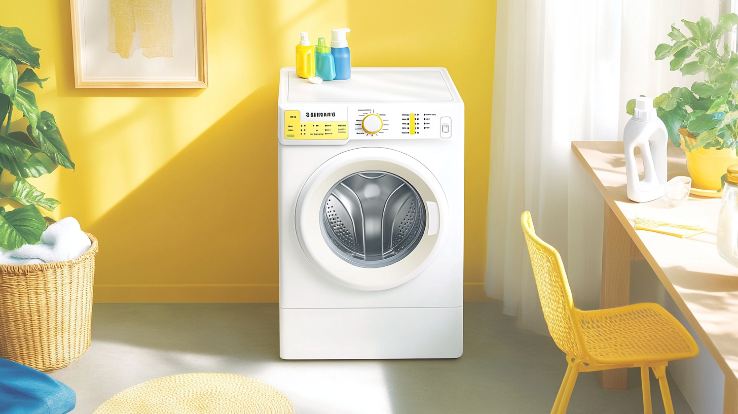 여러 세탁 모드가 진열된 상태에서 공간 절약형 디자인이 강조된 밝고 미니멀한 세탁실 속 삼성 세탁기 이미지