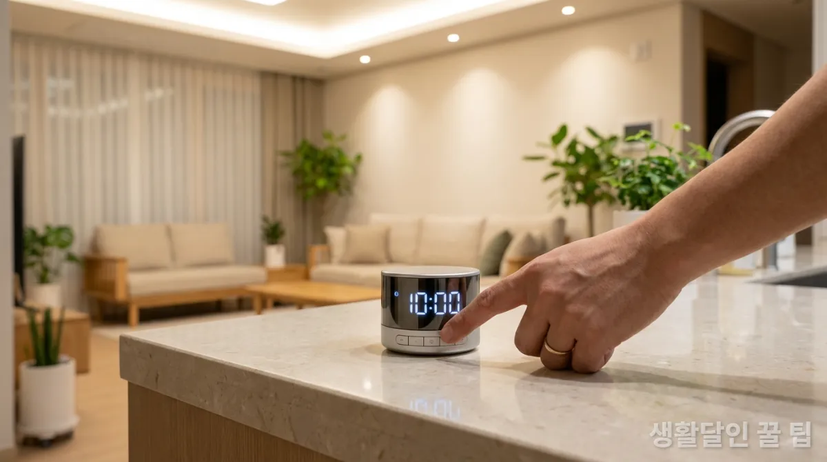 깔끔한 한국 주방에서 디지털 타이머를 10분으로 설정하는 손