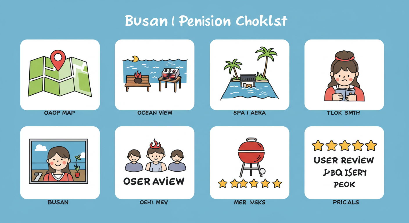 부산 감성 펜션 체크리스트를 아이콘으로 표현한 일러스트