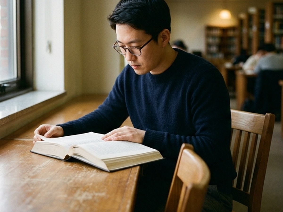 도서관 창가 책상에서 두꺼운 책을 펼쳐 놓고 공부하는 공무원 시험 준비생