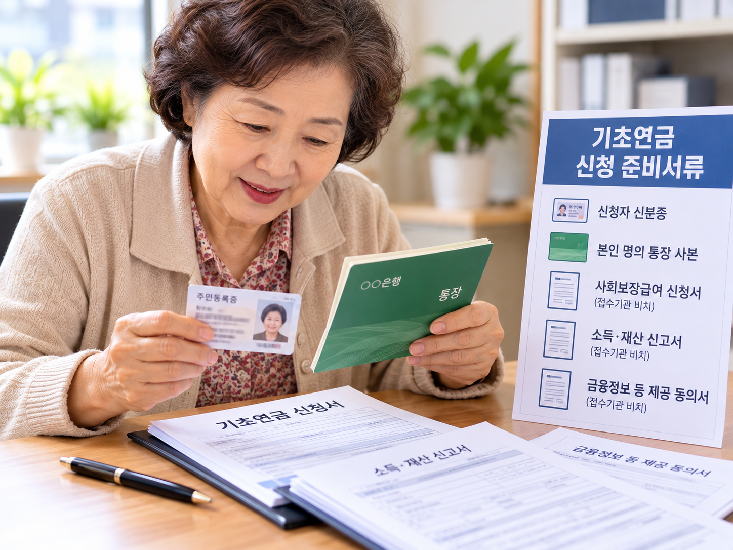 어르신이 신분증과 통장을 준비해 기초연금 신청서류를 확인하는 장면