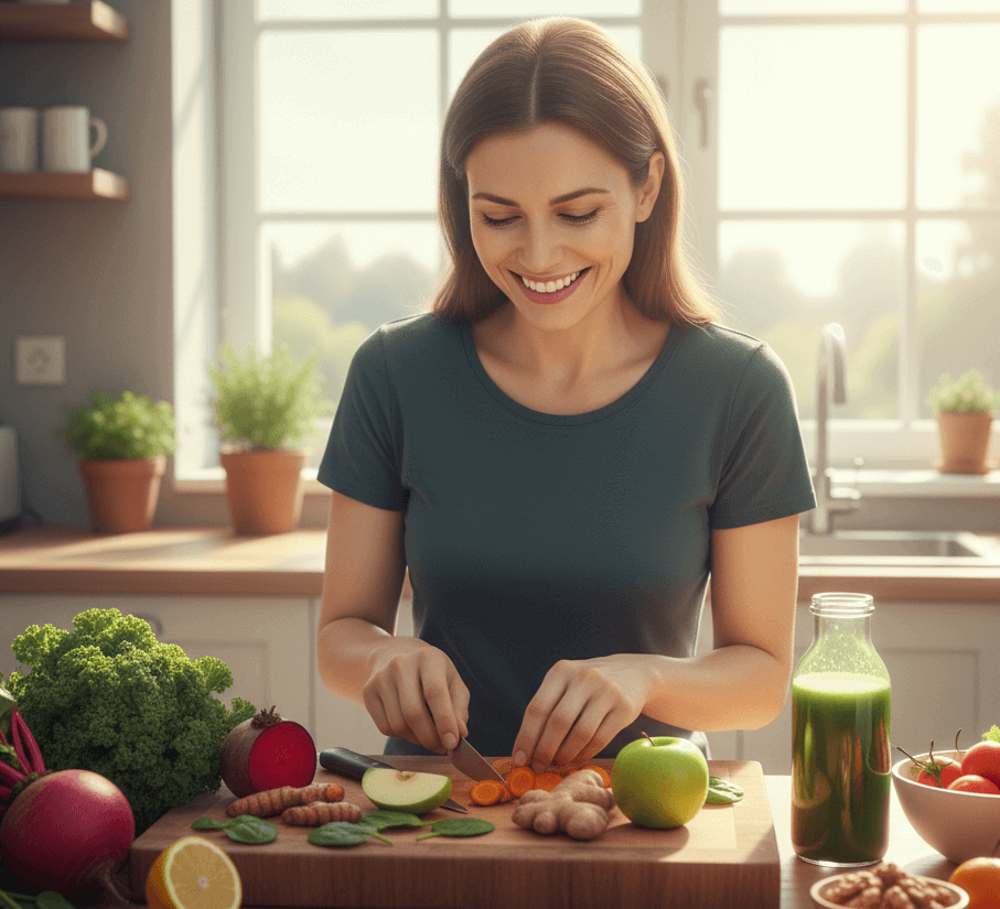 여성, 조리대, 녹즙, 브로콜리, 창문, 야채, 과일