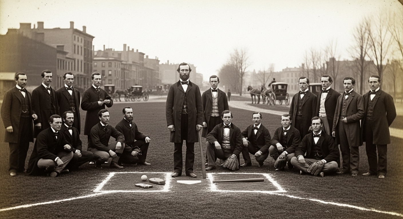 1840년대 뉴욕에서 알렉산더 카트라이트와 니커보커 베이스볼 클럽 회원들이 초기 야구장 앞에 서 있는 모습.
