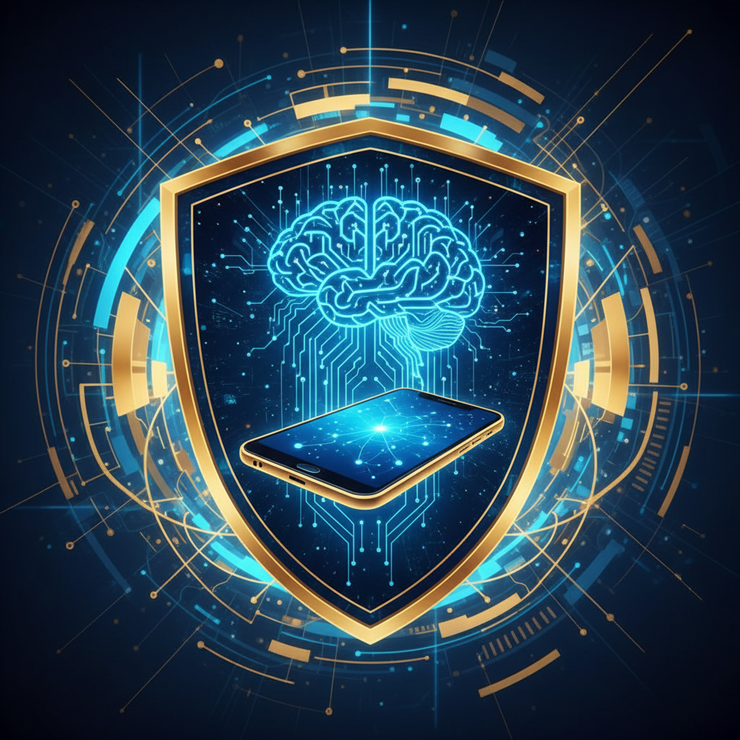 AI 데이터 보안을 상징하는 빛나는 방패와 디지털 뇌를 형상화한 현대적인 디지털 아트 이미지