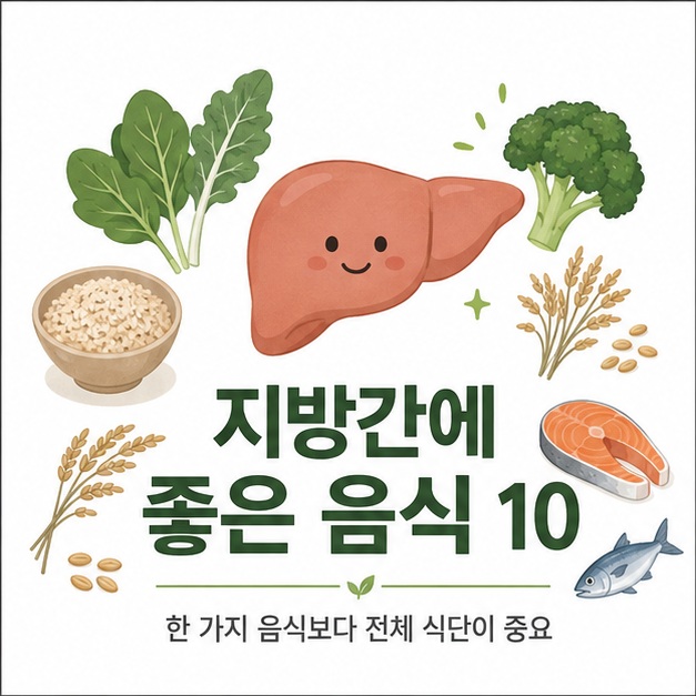 건강한 간과 채소, 통곡류, 생선을 함께 표현해 지방간 식단은 특정 음식 하나보다 전체적인 식사 구성이 중요함을 보여 주는 그림