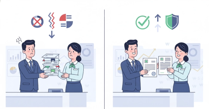 비거주자의 해외 소득 증빙 어려움과 해결 과정을 보여주는 한국 은행 상담 이미지