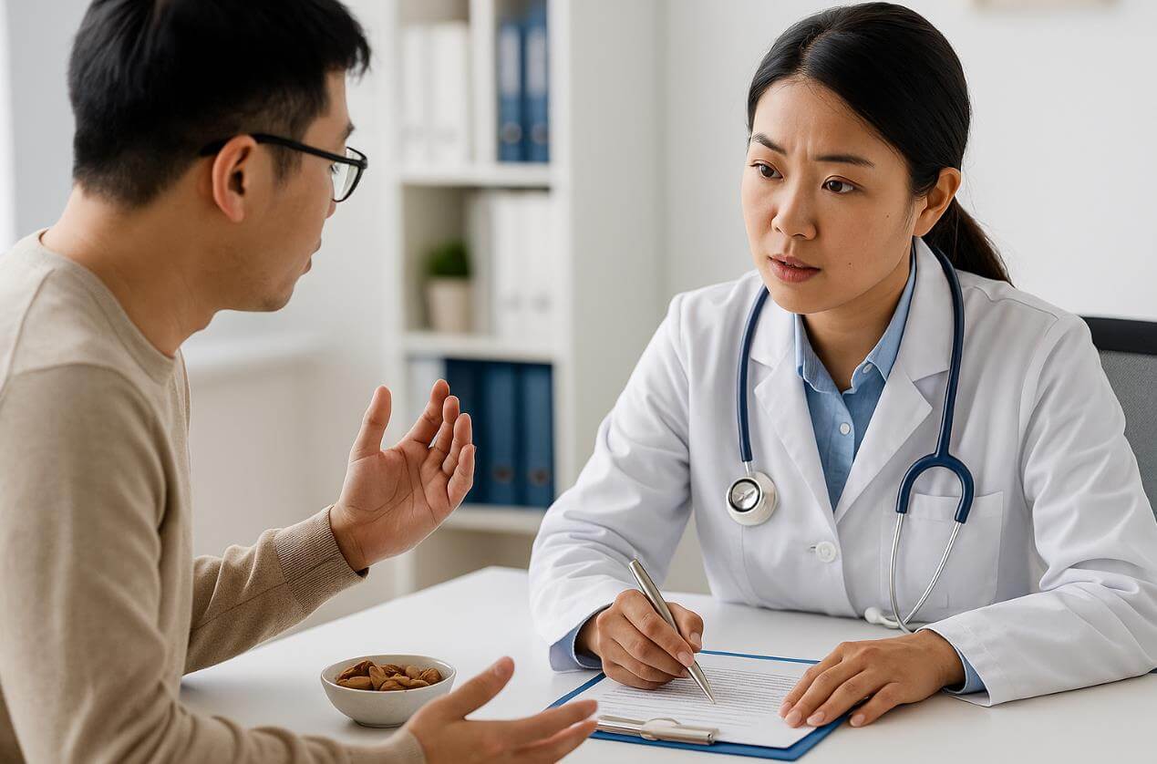의사에게 아몬드 알레르기 관련 상담을 받는 환자의 모습.