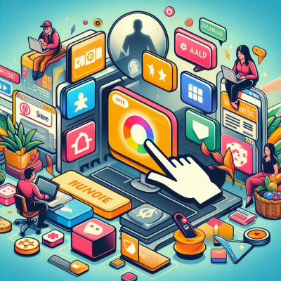 손가락이 UI 요소를 클릭하는 미래지향적인 그래픽 디자인.