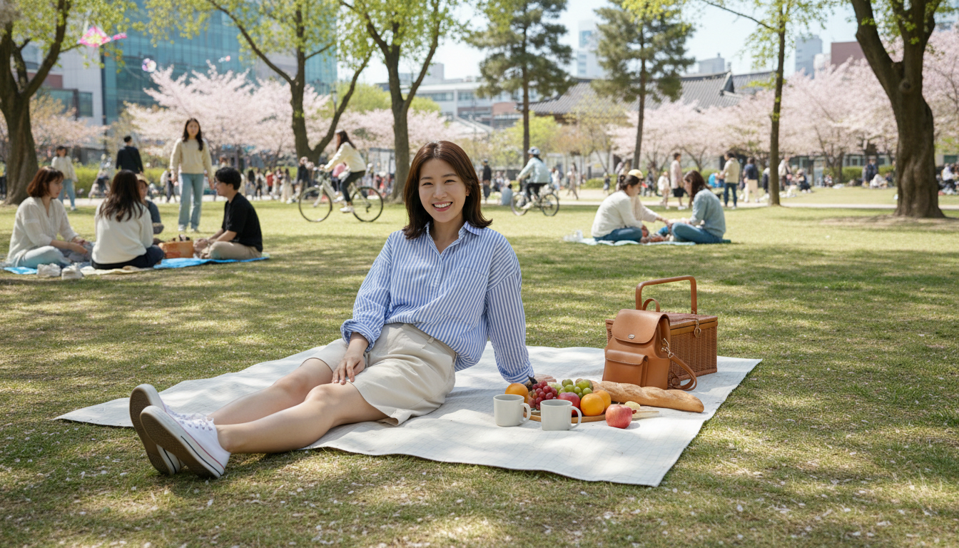 스트라이프 오버사이즈 셔츠와 코튼 쇼츠를 입고 피크닉을 즐기는 한국 여성. 편안하고 실용적인 주말 나들이 룩.