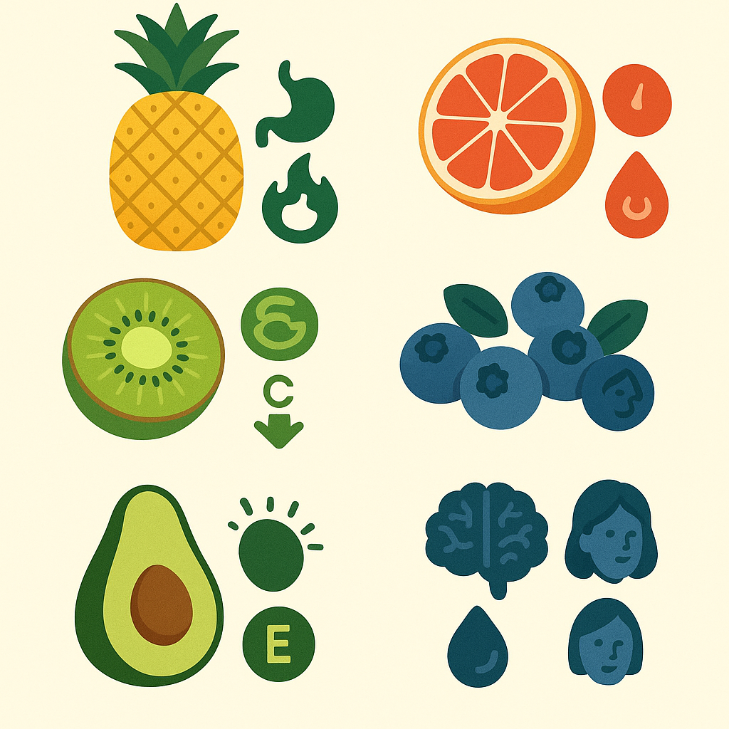 파인애플, 자몽, 키위, 블루베리, 아보카도