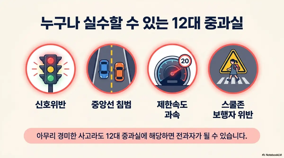 자동차보험 운전자보험 차이: 누구나 실수할 수 있는 12대 중과실의 대표 유형 4가지인 신호위반 중앙선 침범 제한속도 과속 스쿨존 보행자 위반을 아이콘으로 정리한 인포그래픽 이미지. 아무리 경미한 사고라도 12대 중과실에 해당하면 전과자가 될 수 있다는 경고 메시지를 포함함