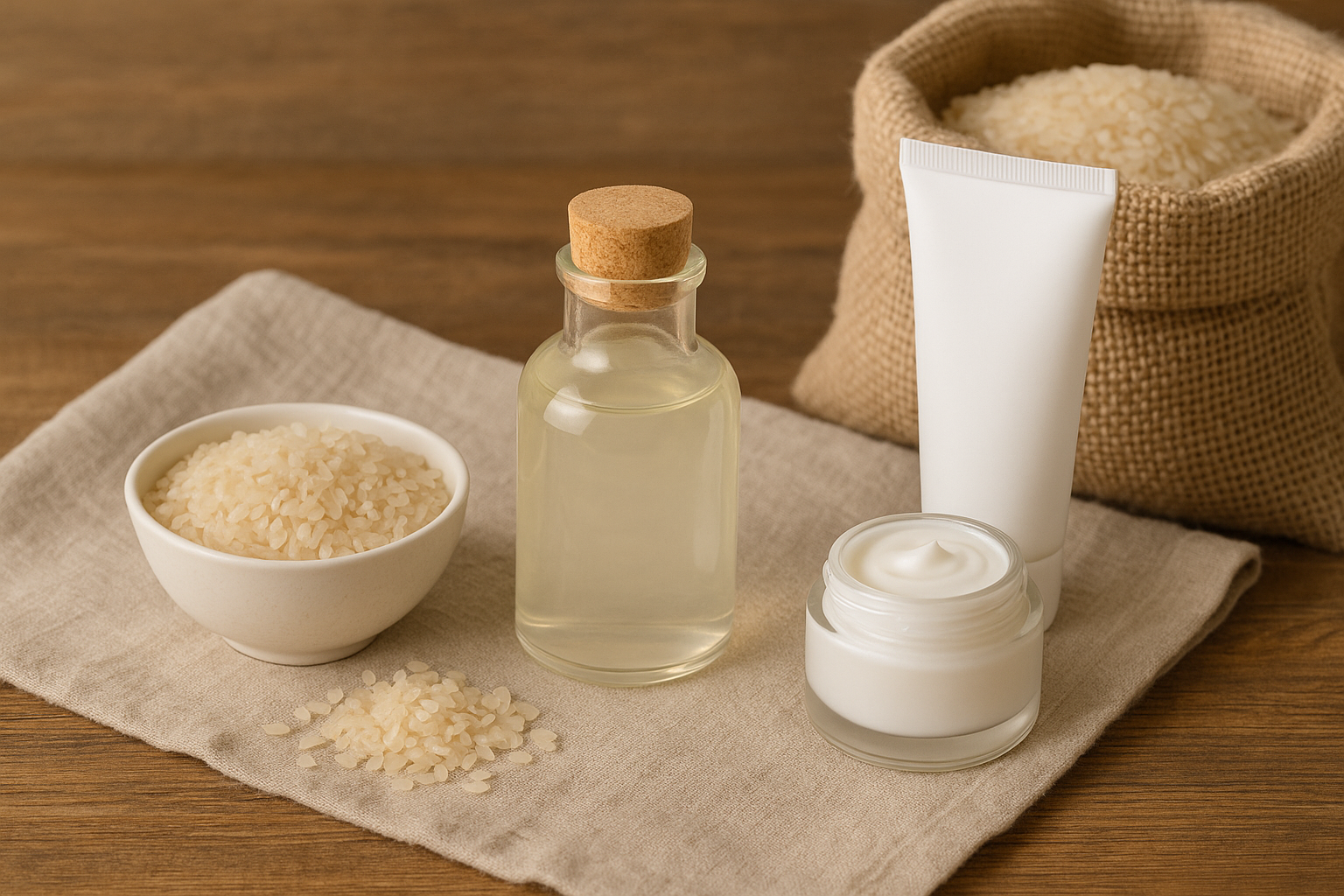 배경에 쌀 자루, 목재 테이블, 린넨 천 등 자연 소재 소품 에 쌀성분의 화장품들이 놓여있는 이미지