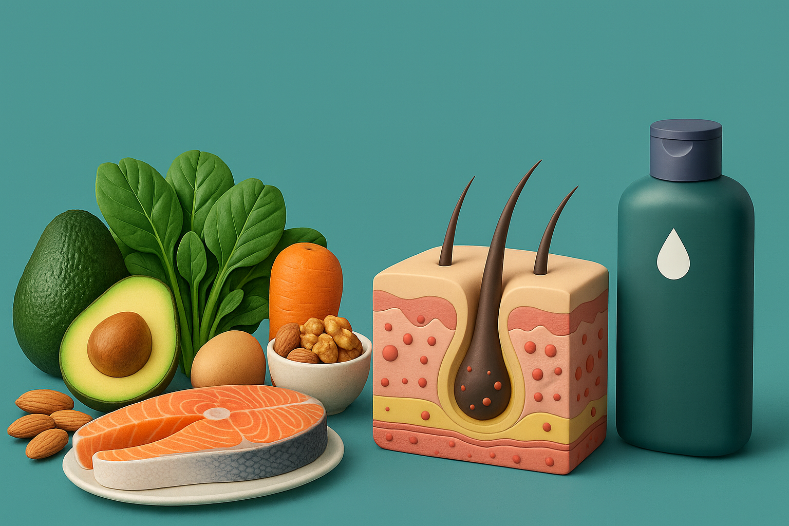 두피의 단면도와 샴푸, 탈모에 좋은 음식을 표현한 그림