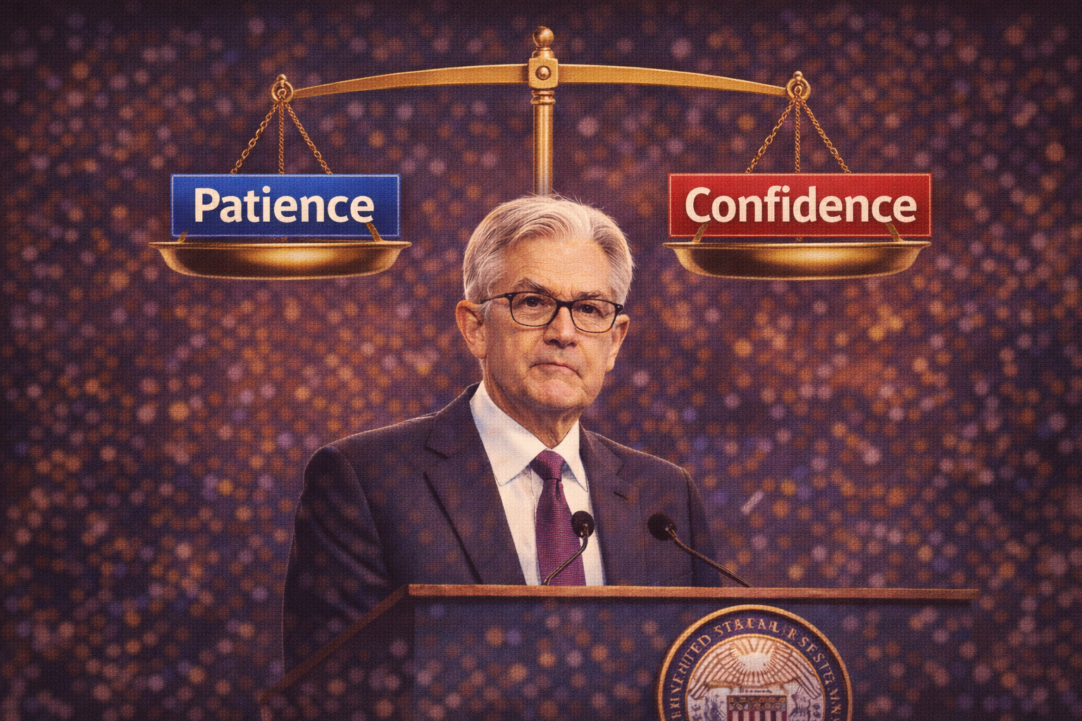 Jerome Powell at the podium with a microphone, with the words 'Patience' and 'Confidence' balanced on a scale above his head.