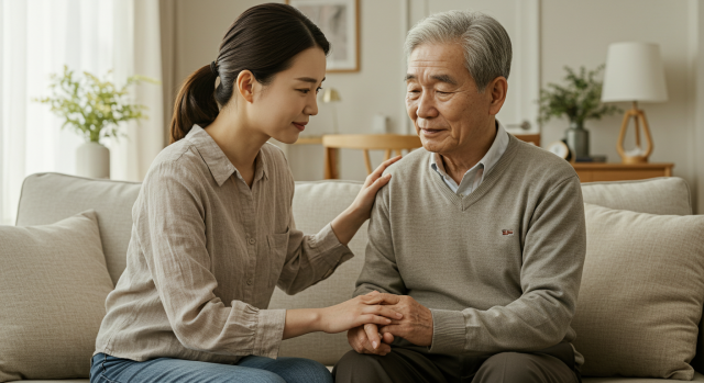딸이 노인 부모의 손을 잡고 위로하는 모습