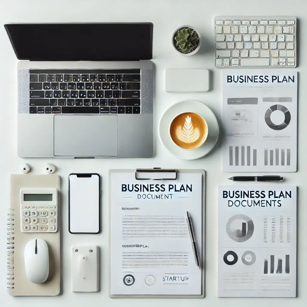 창업 준비물(노트북, 비즈니스 플랜 문서 등) 플랫레이