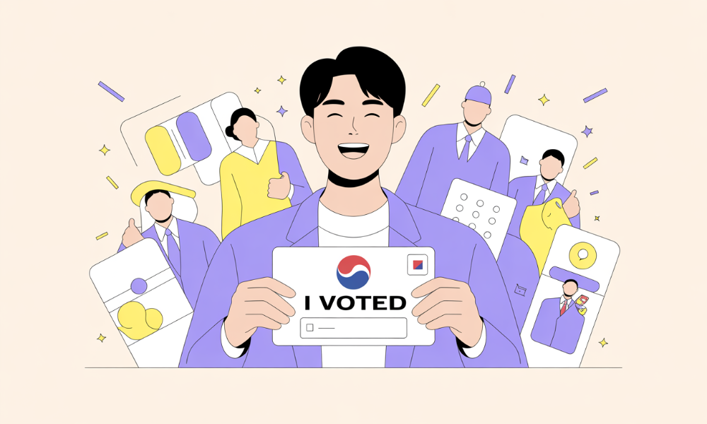 2025년 트렌드를 담은 MZ세대의 투표 인증샷. 손수 꾸민 듯한 아날로그 감성 투표 용지와 AI 기술이 결합된 디자인. 퍼플-옐로우 톤의 맥시멀리즘 스타일로 활기찬 정치 참여를 보여줌.