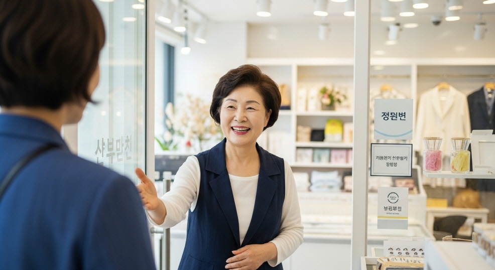 지원금 수령 후 가게 입구에서 환하게 인사하는 사장