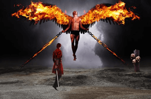 불은 불이 활활 타고 있는 악마와 기사가 싸우기 직전에 모습 입니다.