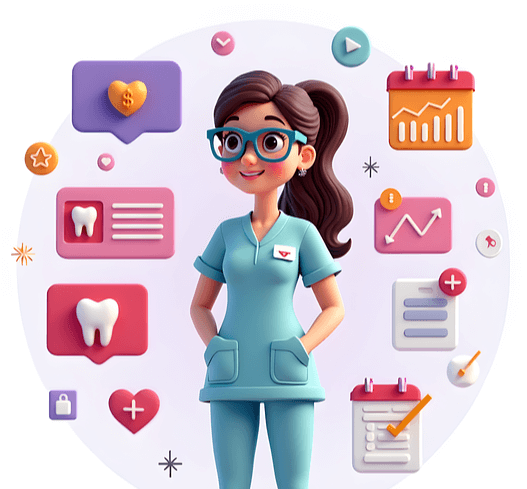 하늘색 수술복을 입은 여자 의사가 서 있다. 긴머리를 하나로 묶었고 하늘색 안경을 썼다.