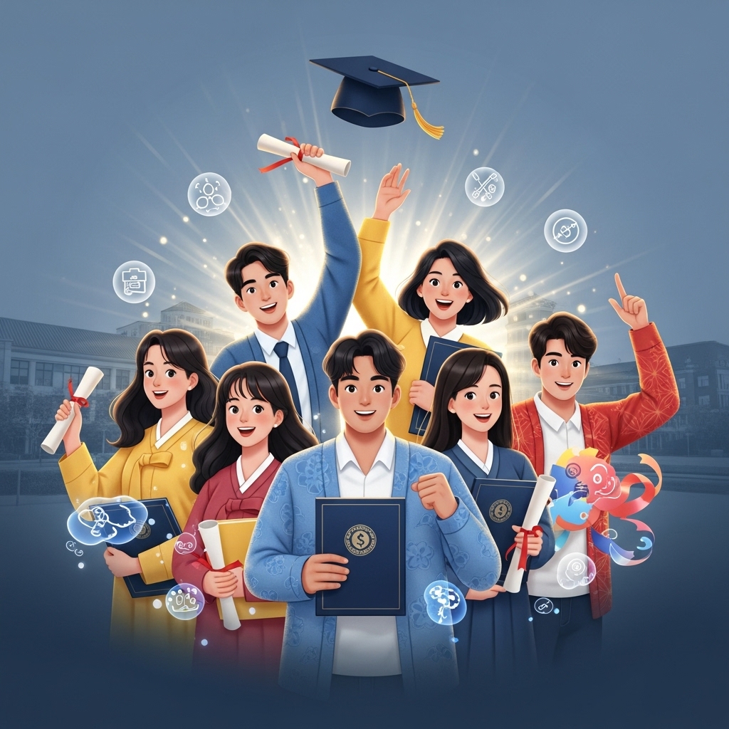 학업과 재정적 안정을 상징하는 다양한 한국 학생들이 활짝 웃으며 미래를 향해 나아가는 모습