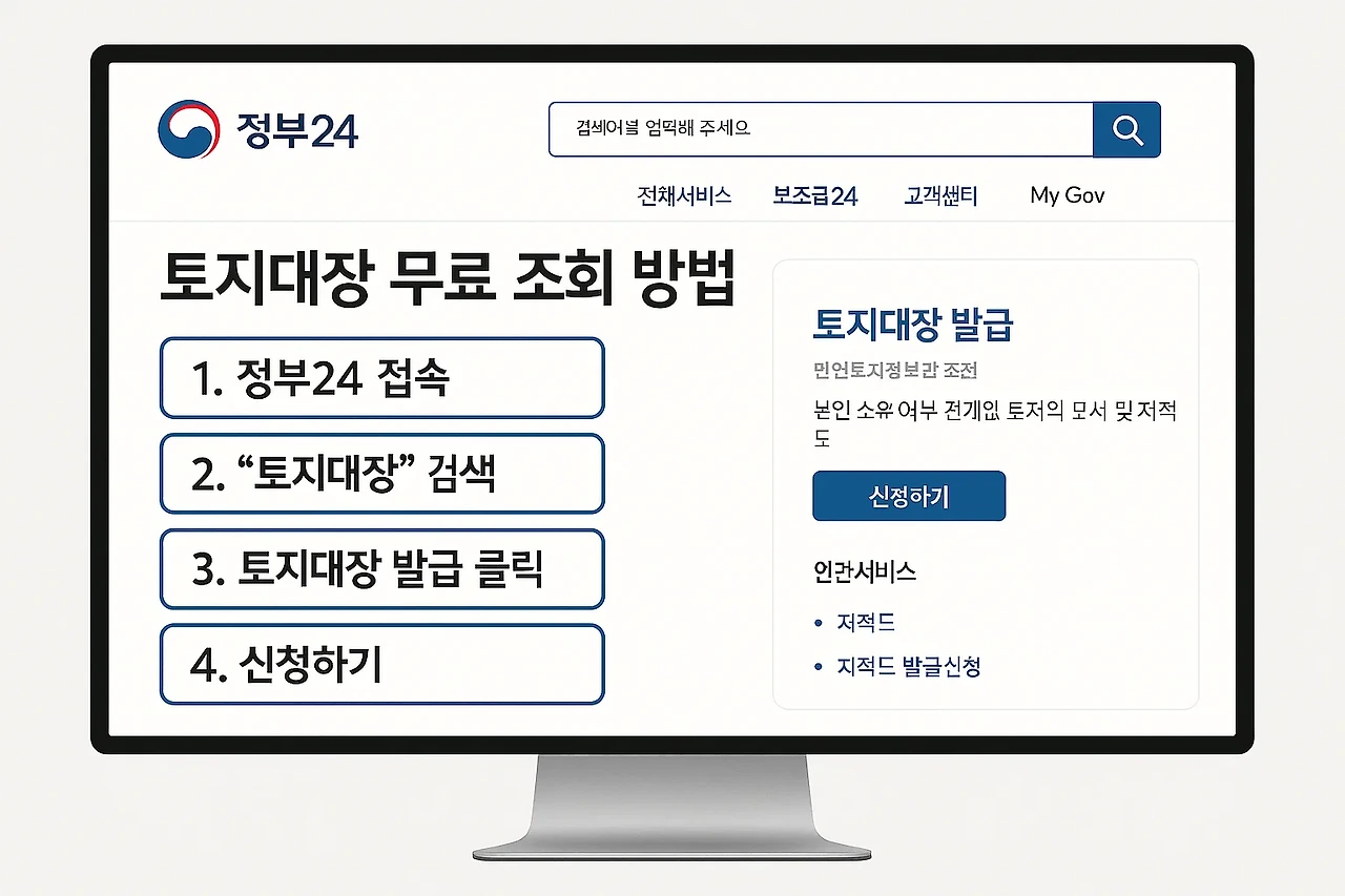 토지대장 무료 조회 방법을 보여주는 컴퓨터 화면과 정부24 웹사이트 인터페이스