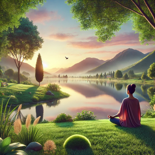 호수 근처에서 명상으로 스트레스를 해소하는 사람