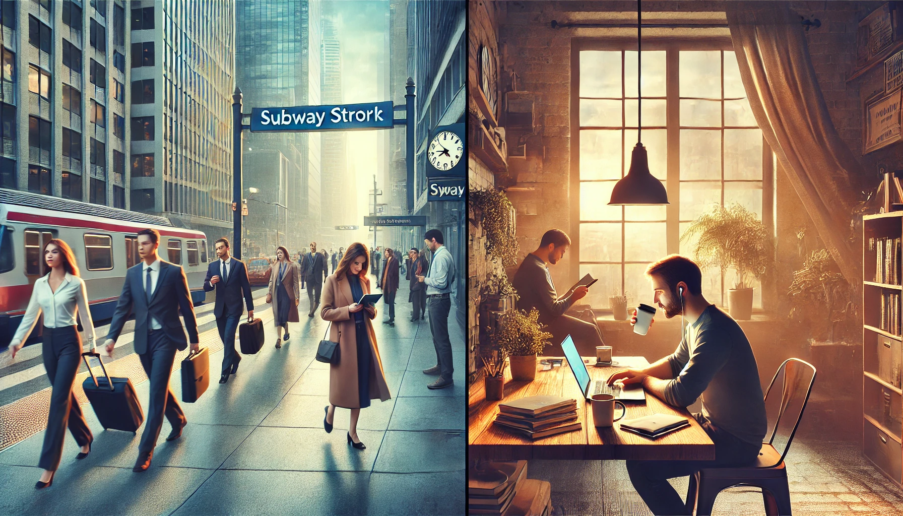 직장인들과 재택근무를 하는 모습을 반반으로 나눈 사진